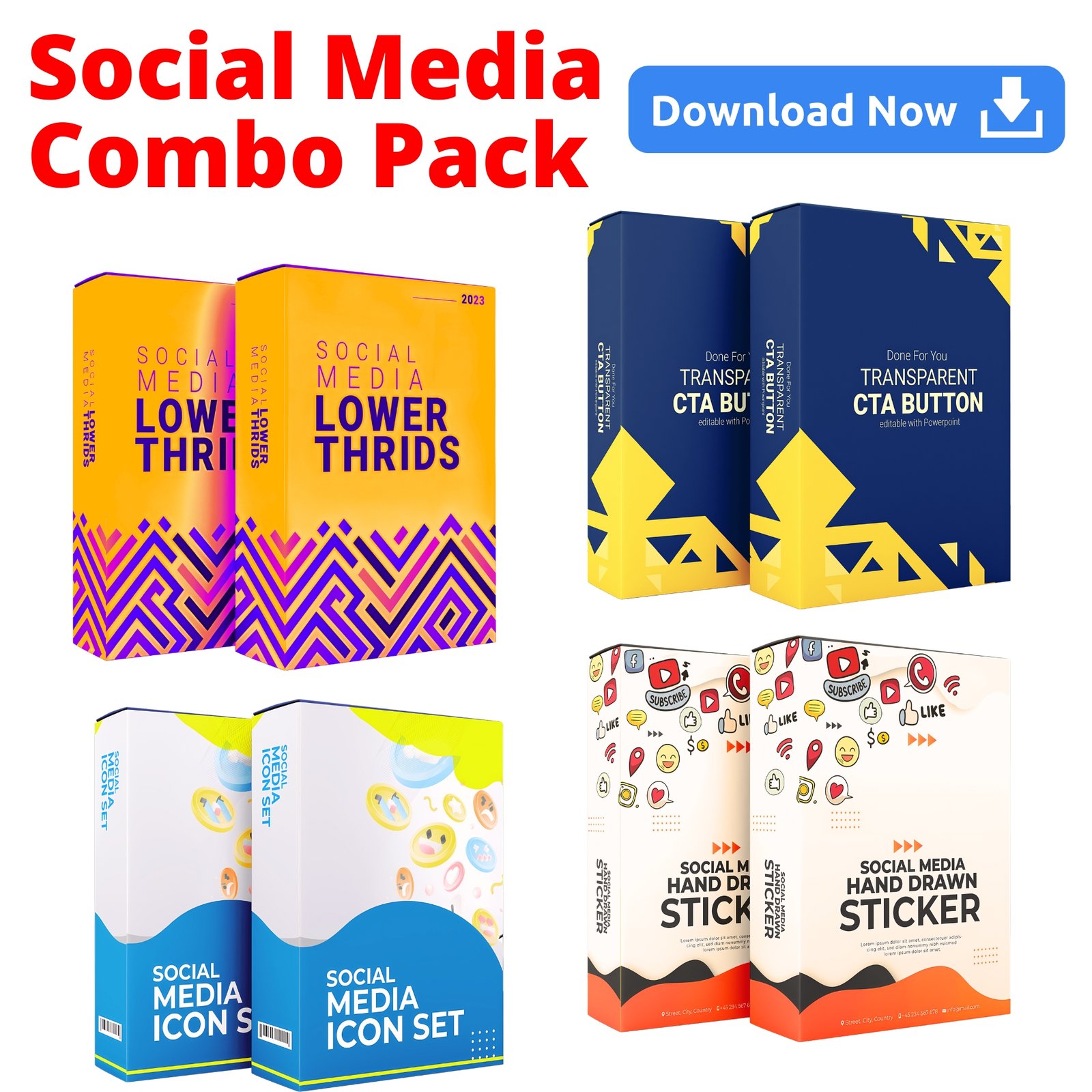 Social Media Combo Pack: 48 Lower Thirds, 72 Icons, 36 CTAs & 62 Stickers