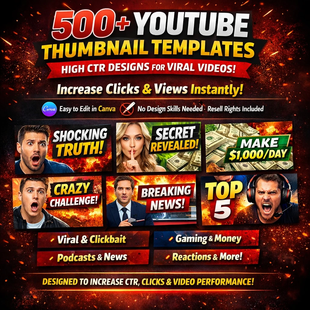 500+ YouTube Thumbnail Templates Bundle โ High CTR Designs + Resell Rights!